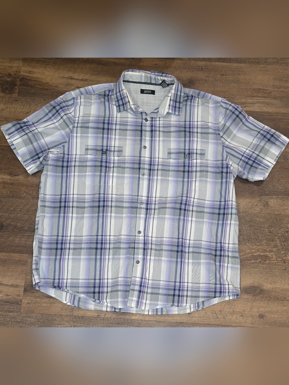 Alfani Men's Gray and Purple Plaid Short-Sleeve Button-Down Shirt